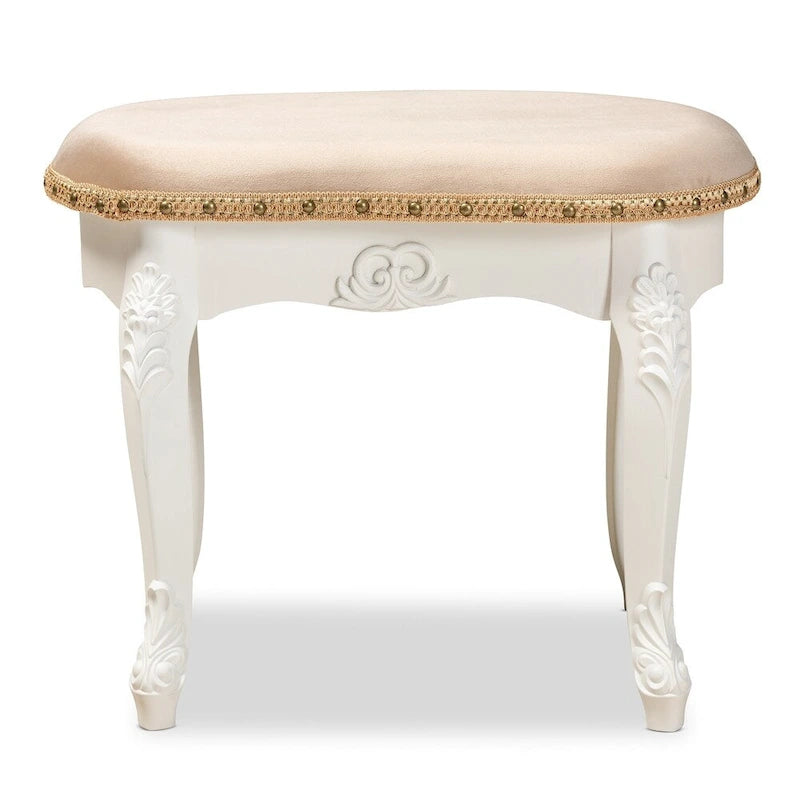Ottoman de coiffeuse, style provençal, revêtement en velours polyester, rembourrage en mousse, garniture de clous en laiton, ornements floraux, sans dossier, sable / blanc / or, pour 1 personne