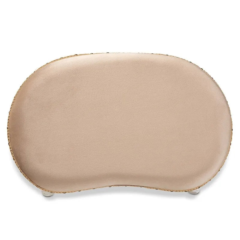 Ottoman de coiffeuse, style provençal, revêtement en velours polyester, rembourrage en mousse, garniture de clous en laiton, ornements floraux, sans dossier, sable / blanc / or, pour 1 personne