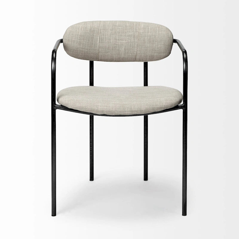Fauteuil de salle à manger, dossier ouvert, revêtement tissu, cadre en métal noir mat, aucun assemblage requis, beige et gris fusil, 1 personne
