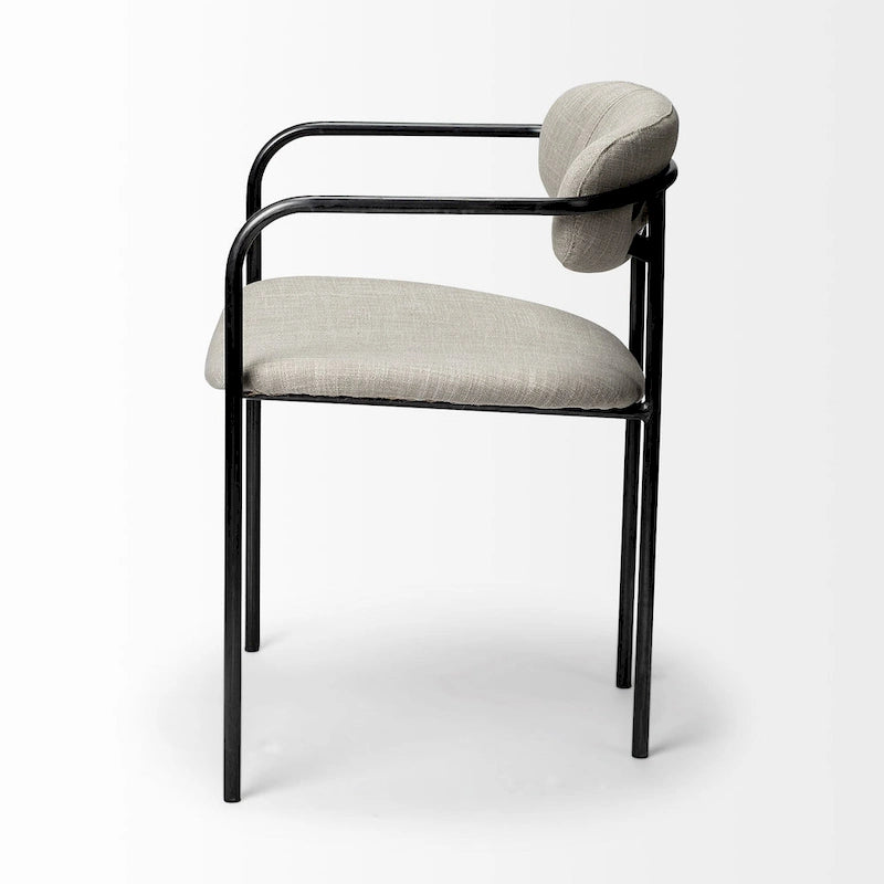 Fauteuil de salle à manger, dossier ouvert, revêtement tissu, cadre en métal noir mat, aucun assemblage requis, beige et gris fusil, 1 personne