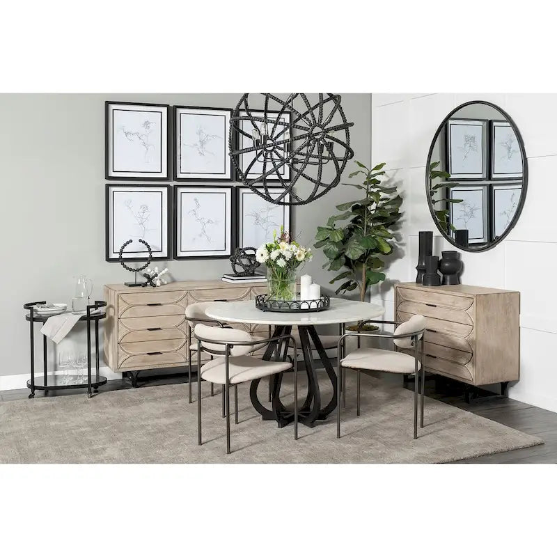 Fauteuil de salle à manger, dossier ouvert, revêtement tissu, cadre en métal noir mat, aucun assemblage requis, beige et gris fusil, 1 personne