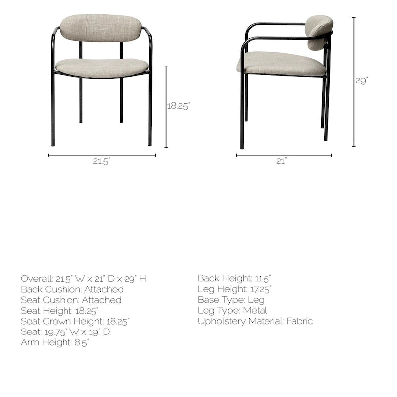 Fauteuil de salle à manger, dossier ouvert, revêtement tissu, cadre en métal noir mat, aucun assemblage requis, beige et gris fusil, 1 personne