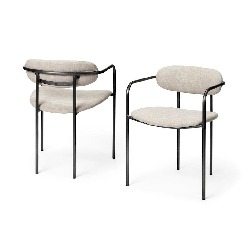Fauteuil de salle à manger, dossier ouvert, revêtement tissu, cadre en métal noir mat, aucun assemblage requis, beige et gris fusil, 1 personne