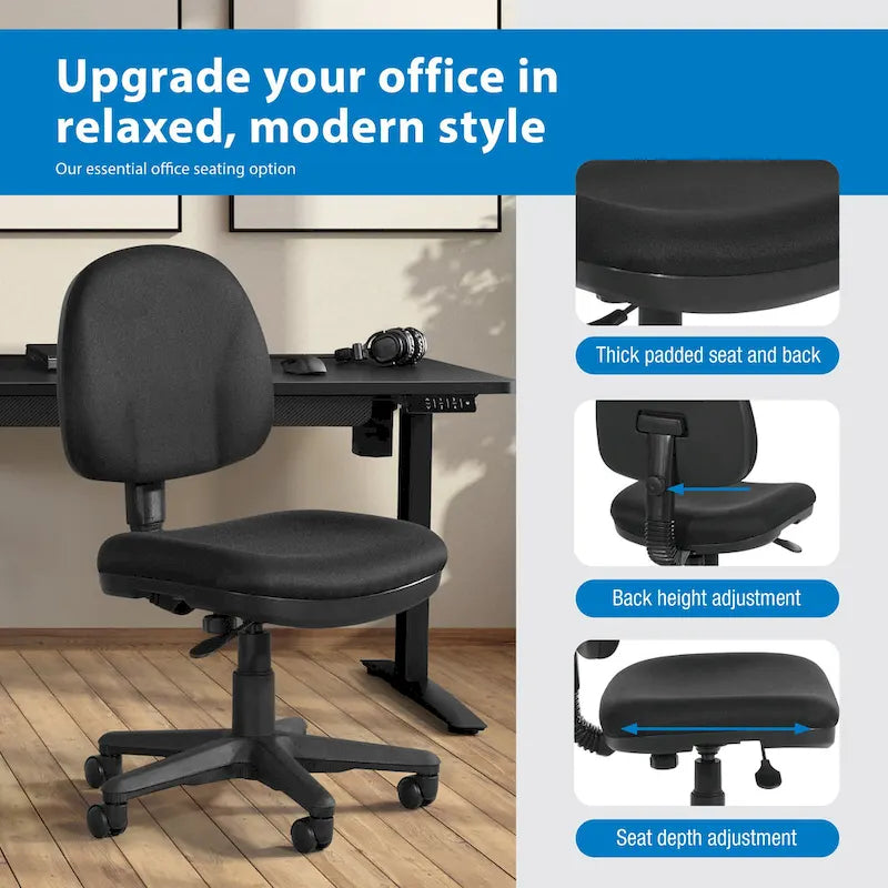 Chaise de bureau sans accoudoirs, assise et dossier rembourrés, support lombaire intégré, hauteur et profondeur réglables, certifiée Greenguard, bleu marine / noir / bordeaux, usage individuel