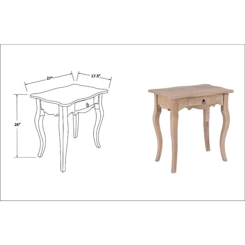 Table d'appoint avec tiroir, en bois de mindi massif, texture vieillie, grain naturel, non fini, pour 1 personne