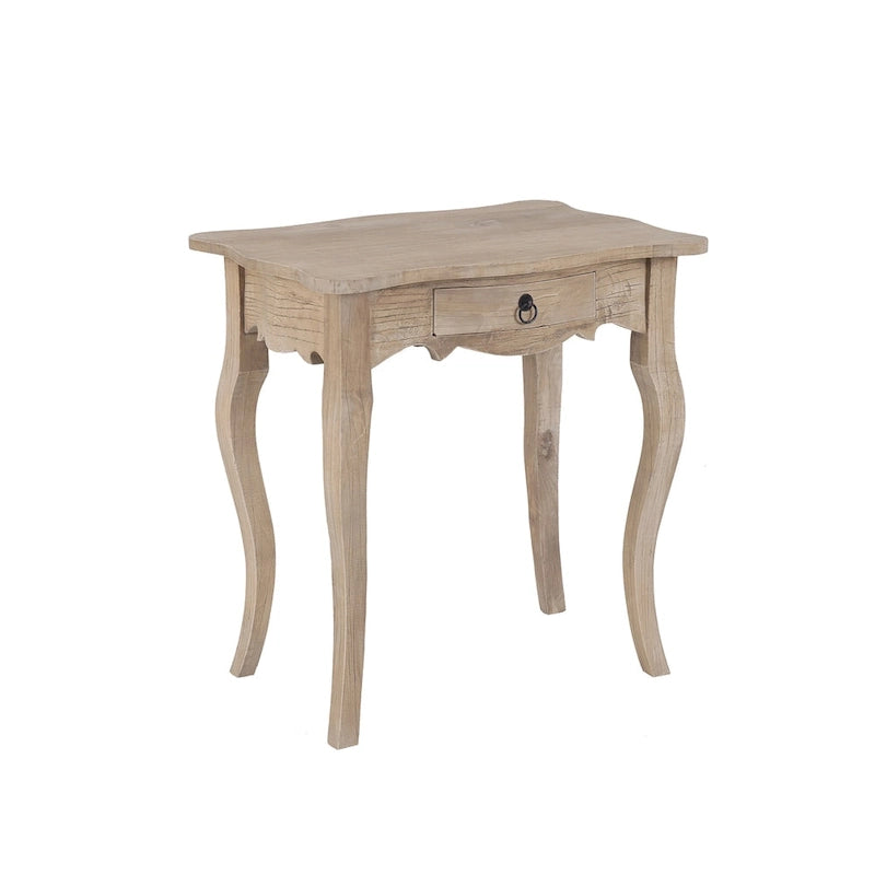 Table d'appoint avec tiroir, en bois de mindi massif, texture vieillie, grain naturel, non fini, pour 1 personne
