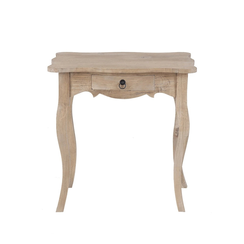 Table d'appoint avec tiroir, en bois de mindi massif, texture vieillie, grain naturel, non fini, pour 1 personne