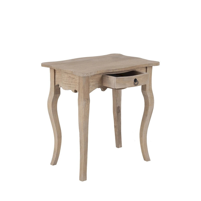Table d'appoint avec tiroir, en bois de mindi massif, texture vieillie, grain naturel, non fini, pour 1 personne