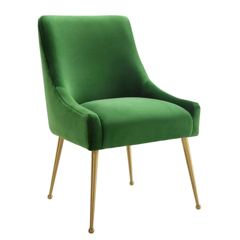 Chaise de salle à manger, revêtement en velours, pieds et poignée arrière en acier inoxydable doré, cadre en bois, hauteur de salle à manger, vert, pour 1 personne