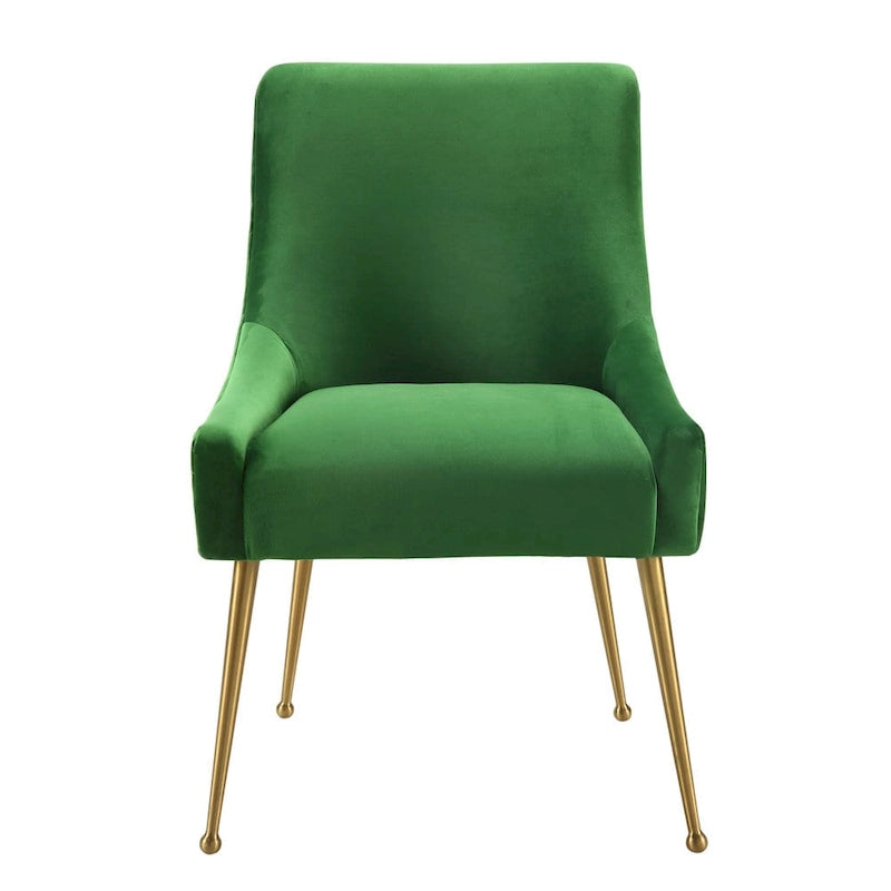 Chaise de salle à manger, revêtement en velours, pieds et poignée arrière en acier inoxydable doré, cadre en bois, hauteur de salle à manger, vert, pour 1 personne