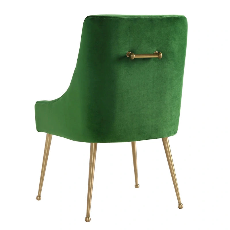 Chaise de salle à manger, revêtement en velours, pieds et poignée arrière en acier inoxydable doré, cadre en bois, hauteur de salle à manger, vert, pour 1 personne