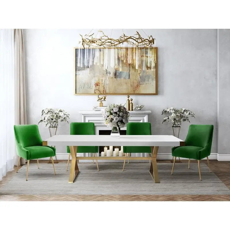 Chaise de salle à manger, revêtement en velours, pieds et poignée arrière en acier inoxydable doré, cadre en bois, hauteur de salle à manger, vert, pour 1 personne