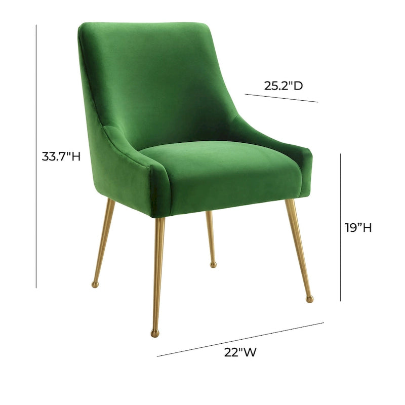Chaise de salle à manger, revêtement en velours, pieds et poignée arrière en acier inoxydable doré, cadre en bois, hauteur de salle à manger, vert, pour 1 personne