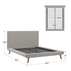 Lit plateforme rembourré du milieu du siècle, pieds inclinés fuselés, bords passepoilés, profil mince, pieds en bois massif, grand lit double / très grand lit, utilisation par 2 personnes