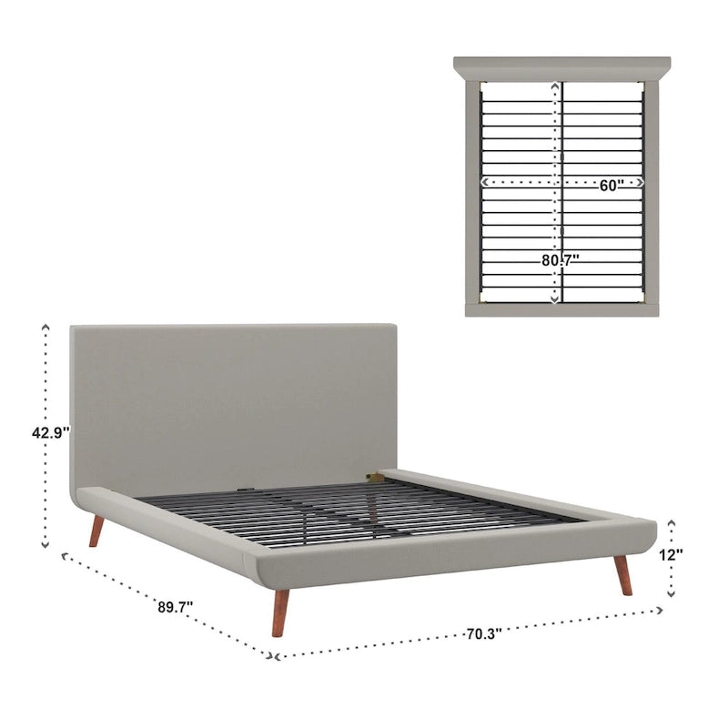 Lit plateforme rembourré du milieu du siècle, pieds inclinés fuselés, bords passepoilés, profil mince, pieds en bois massif, grand lit double / très grand lit, utilisation par 2 personnes