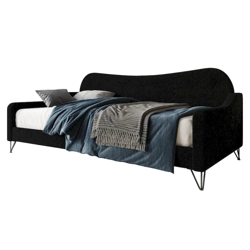 Lit de repos jumeau rembourré, dossier et accoudoirs, pieds en métal noir, convertible en canapé, gris / noir / marron / sarcelle, pour 1 personne