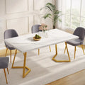 Table à manger de 55 pouces, plateau en placage de marbre synthétique, cadre en métal, rangement sous la table, blanc / marron rustique / marron clair, pour 4 à 6 personnes