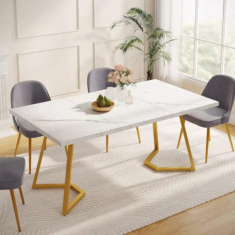 Table à manger de 55 pouces, plateau en placage de marbre synthétique, cadre en métal, rangement sous la table, blanc / marron rustique / marron clair, pour 4 à 6 personnes