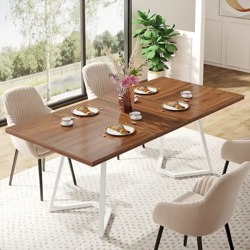 Table à manger de 55 pouces, plateau en placage de marbre synthétique, cadre en métal, rangement sous la table, blanc / marron rustique / marron clair, pour 4 à 6 personnes