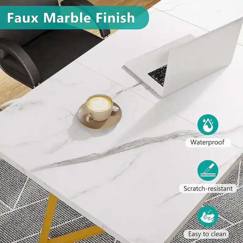 Table à manger de 55 pouces, plateau en placage de marbre synthétique, cadre en métal, rangement sous la table, blanc / marron rustique / marron clair, pour 4 à 6 personnes