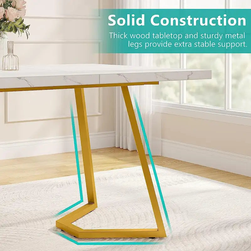 Table à manger de 55 pouces, plateau en placage de marbre synthétique, cadre en métal, rangement sous la table, blanc / marron rustique / marron clair, pour 4 à 6 personnes
