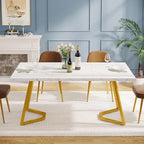 Table à manger de 55 pouces, plateau en placage de marbre synthétique, cadre en métal, rangement sous la table, blanc / marron rustique / marron clair, pour 4 à 6 personnes