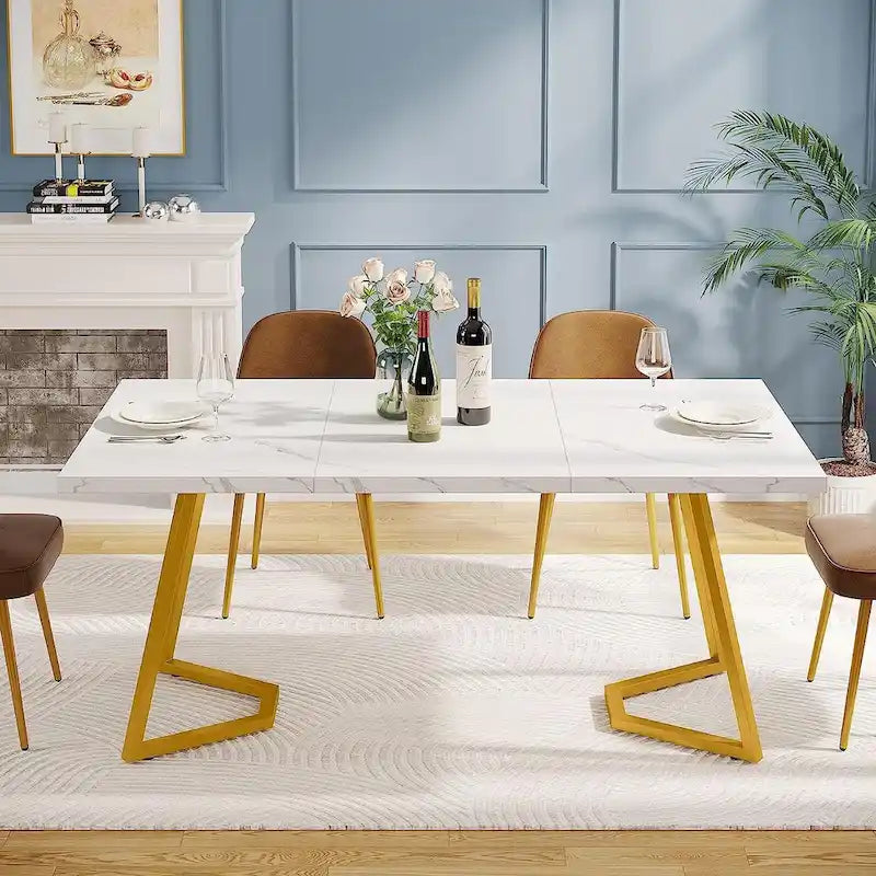 Table à manger de 55 pouces, plateau en placage de marbre synthétique, cadre en métal, rangement sous la table, blanc / marron rustique / marron clair, pour 4 à 6 personnes
