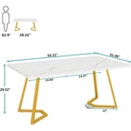 Table à manger de 55 pouces, plateau en placage de marbre synthétique, cadre en métal, rangement sous la table, blanc / marron rustique / marron clair, pour 4 à 6 personnes