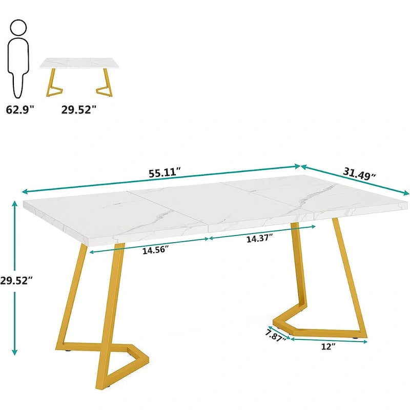 Table à manger de 55 pouces, plateau en placage de marbre synthétique, cadre en métal, rangement sous la table, blanc / marron rustique / marron clair, pour 4 à 6 personnes