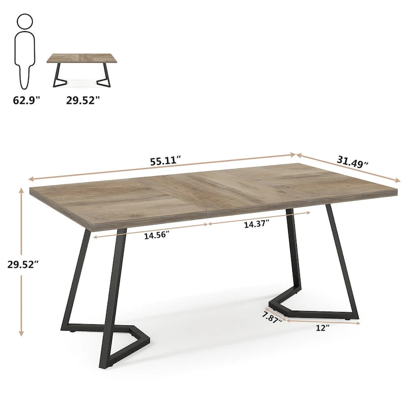 Table à manger de 55 pouces, plateau en placage de marbre synthétique, cadre en métal, rangement sous la table, blanc / marron rustique / marron clair, pour 4 à 6 personnes