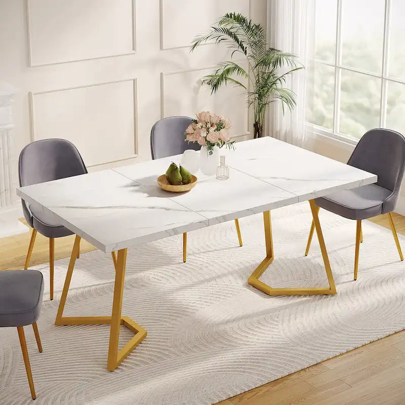Table à manger de 55 pouces, plateau en placage de marbre synthétique, cadre en métal, rangement sous la table, blanc / marron rustique / marron clair, pour 4 à 6 personnes