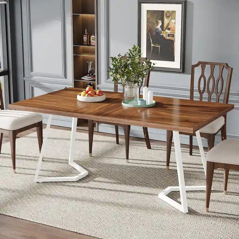 Table à manger de 55 pouces, plateau en placage de marbre synthétique, cadre en métal, rangement sous la table, blanc / marron rustique / marron clair, pour 4 à 6 personnes