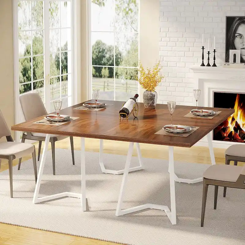 Table à manger de 55 pouces, plateau en placage de marbre synthétique, cadre en métal, rangement sous la table, blanc / marron rustique / marron clair, pour 4 à 6 personnes