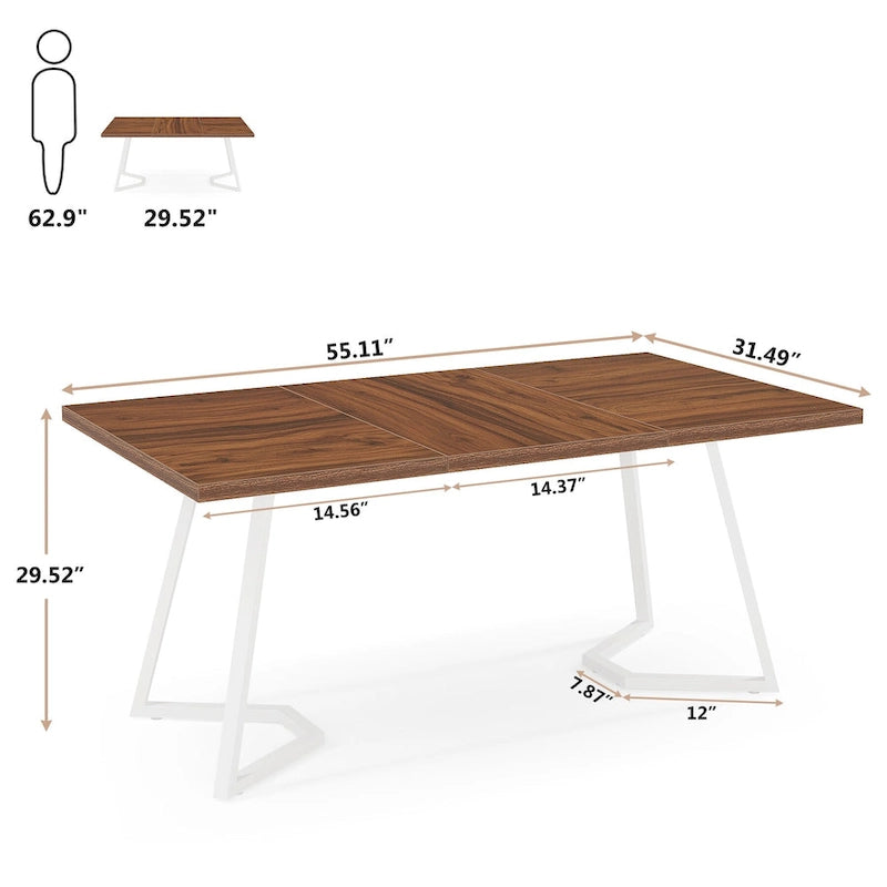 Table à manger de 55 pouces, plateau en placage de marbre synthétique, cadre en métal, rangement sous la table, blanc / marron rustique / marron clair, pour 4 à 6 personnes
