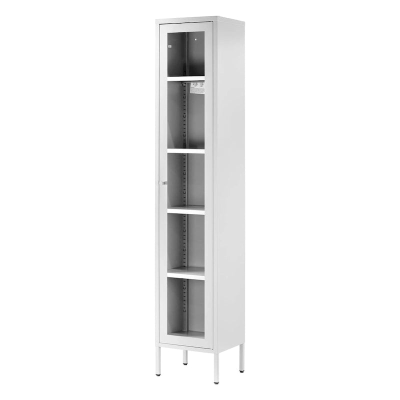 Meuble de rangement de 180 cm de haut, porte transparente en acrylique, étagères métalliques réglables, cadre en acier, blanc, pour une personne