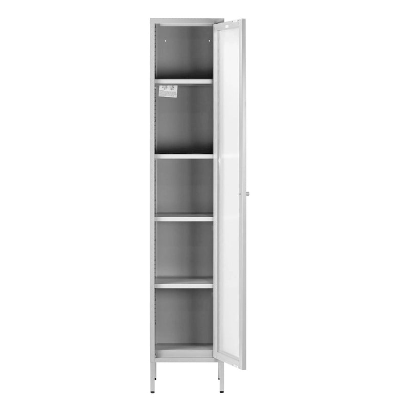 Meuble de rangement de 180 cm de haut, porte transparente en acrylique, étagères métalliques réglables, cadre en acier, blanc, pour une personne