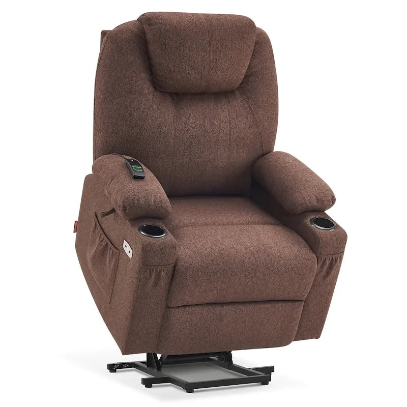 Fauteuil inclinable releveur électrique, massage et chauffage lombaire, repose-pieds étendu, ports USB, porte-gobelets, tissu, bleu marine / café / gris / bordeaux / rouge carmin / bleu Yale / moka / beige, utilisation par 1 personne