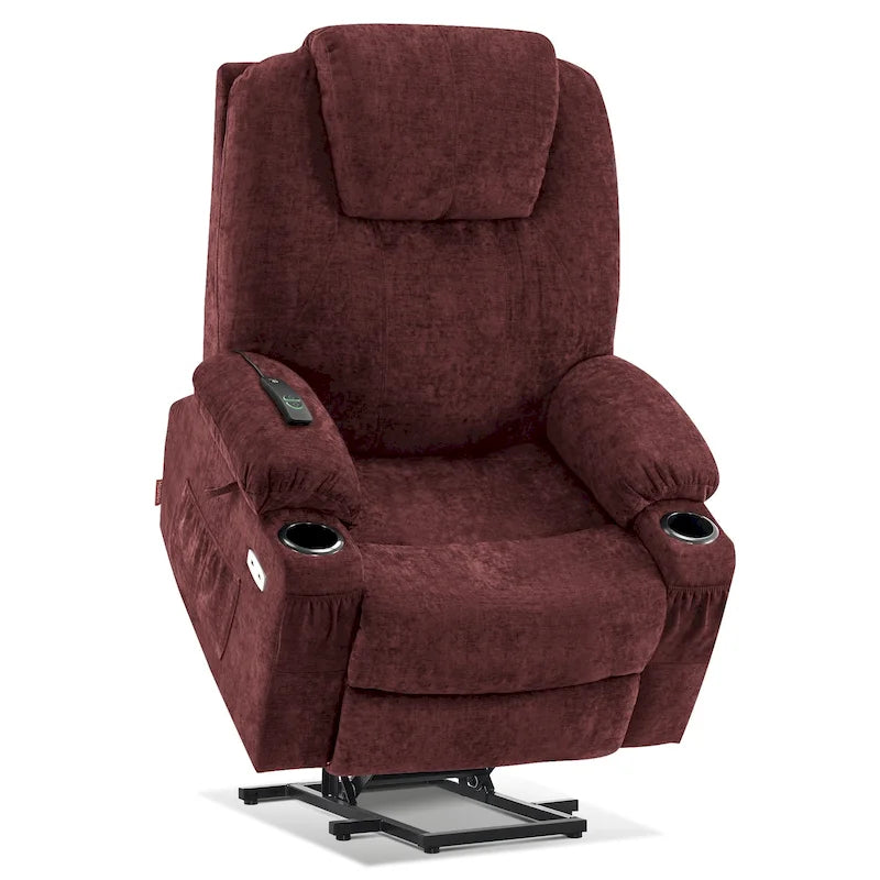 Fauteuil inclinable releveur électrique, massage et chauffage lombaire, repose-pieds étendu, ports USB, porte-gobelets, tissu, bleu marine / café / gris / bordeaux / rouge carmin / bleu Yale / moka / beige, utilisation par 1 personne