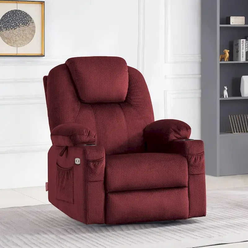 Fauteuil inclinable releveur électrique, massage et chauffage lombaire, repose-pieds étendu, ports USB, porte-gobelets, tissu, bleu marine / café / gris / bordeaux / rouge carmin / bleu Yale / moka / beige, utilisation par 1 personne