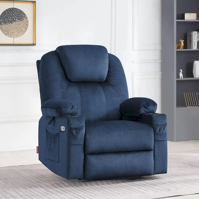 Fauteuil inclinable releveur électrique, massage et chauffage lombaire, repose-pieds étendu, ports USB, porte-gobelets, tissu, bleu marine / café / gris / bordeaux / rouge carmin / bleu Yale / moka / beige, utilisation par 1 personne