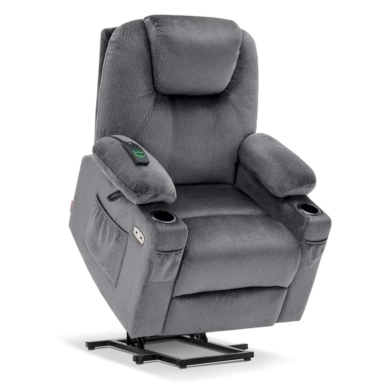 Fauteuil inclinable releveur électrique, massage et chauffage lombaire, repose-pieds étendu, ports USB, porte-gobelets, tissu, bleu marine / café / gris / bordeaux / rouge carmin / bleu Yale / moka / beige, utilisation par 1 personne