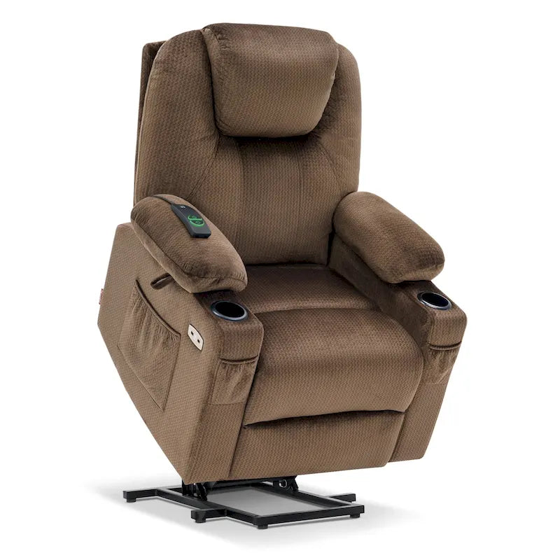Fauteuil inclinable releveur électrique, massage et chauffage lombaire, repose-pieds étendu, ports USB, porte-gobelets, tissu, bleu marine / café / gris / bordeaux / rouge carmin / bleu Yale / moka / beige, utilisation par 1 personne