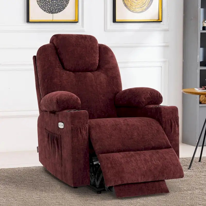 Fauteuil inclinable releveur électrique, massage et chauffage lombaire, repose-pieds étendu, ports USB, porte-gobelets, tissu, bleu marine / café / gris / bordeaux / rouge carmin / bleu Yale / moka / beige, utilisation par 1 personne