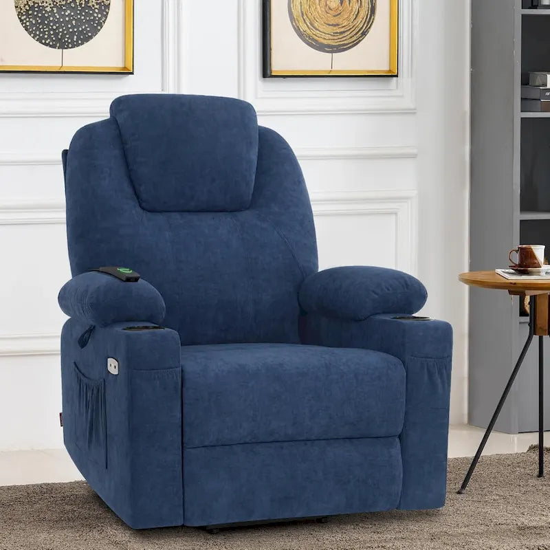 Fauteuil inclinable releveur électrique, massage et chauffage lombaire, repose-pieds étendu, ports USB, porte-gobelets, tissu, bleu marine / café / gris / bordeaux / rouge carmin / bleu Yale / moka / beige, utilisation par 1 personne