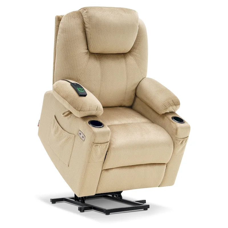 Fauteuil inclinable releveur électrique, massage et chauffage lombaire, repose-pieds étendu, ports USB, porte-gobelets, tissu, bleu marine / café / gris / bordeaux / rouge carmin / bleu Yale / moka / beige, utilisation par 1 personne