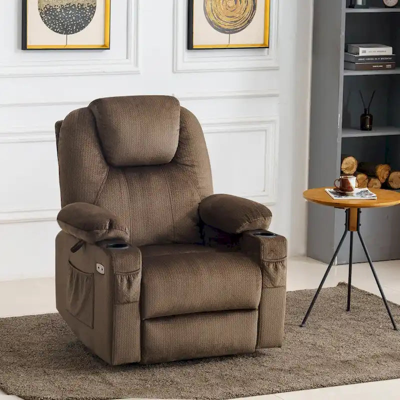 Fauteuil inclinable releveur électrique, massage et chauffage lombaire, repose-pieds étendu, ports USB, porte-gobelets, tissu, bleu marine / café / gris / bordeaux / rouge carmin / bleu Yale / moka / beige, utilisation par 1 personne