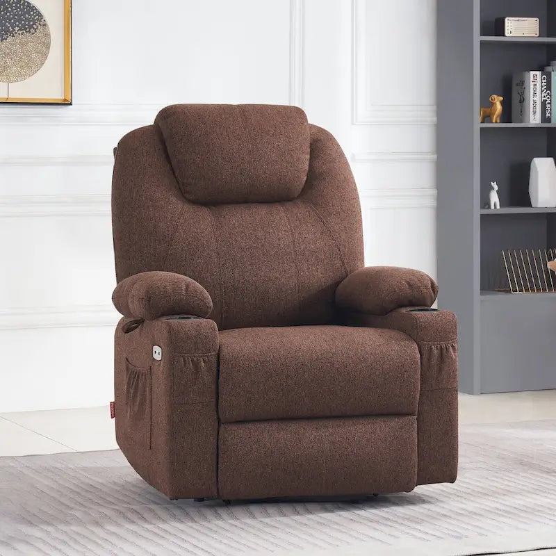 Fauteuil inclinable releveur électrique, massage et chauffage lombaire, repose-pieds étendu, ports USB, porte-gobelets, tissu, bleu marine / café / gris / bordeaux / rouge carmin / bleu Yale / moka / beige, utilisation par 1 personne