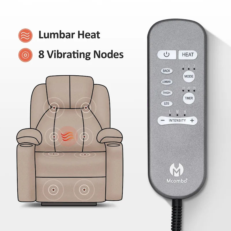 Fauteuil inclinable releveur électrique, massage et chauffage lombaire, repose-pieds étendu, ports USB, porte-gobelets, tissu, bleu marine / café / gris / bordeaux / rouge carmin / bleu Yale / moka / beige, utilisation par 1 personne