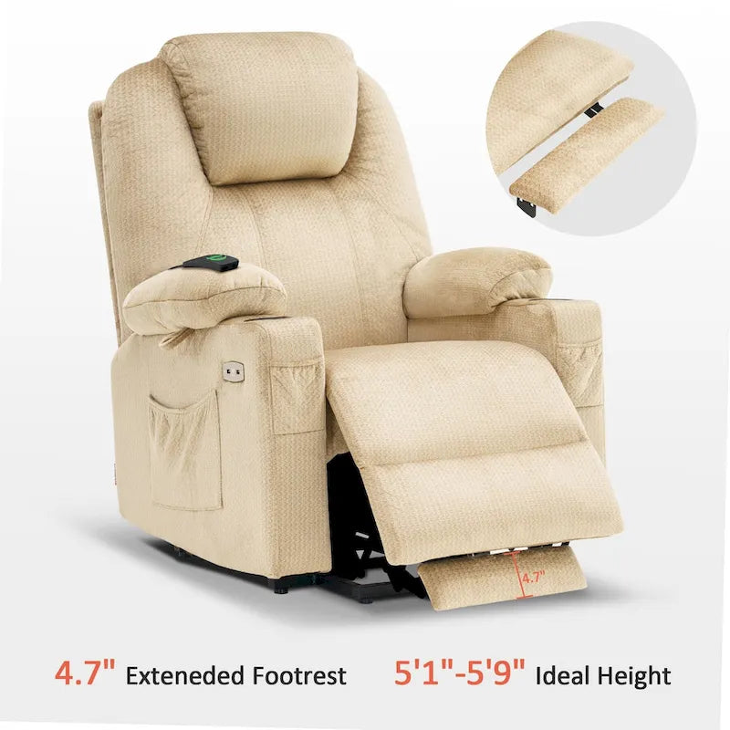 Fauteuil inclinable releveur électrique, massage et chauffage lombaire, repose-pieds étendu, ports USB, porte-gobelets, tissu, bleu marine / café / gris / bordeaux / rouge carmin / bleu Yale / moka / beige, utilisation par 1 personne