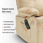 Fauteuil inclinable releveur électrique, massage et chauffage lombaire, repose-pieds étendu, ports USB, porte-gobelets, tissu, bleu marine / café / gris / bordeaux / rouge carmin / bleu Yale / moka / beige, utilisation par 1 personne